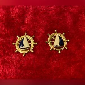 2/$12 Vintage Avon nautical sailboat earrings in cream, navy and gold tones